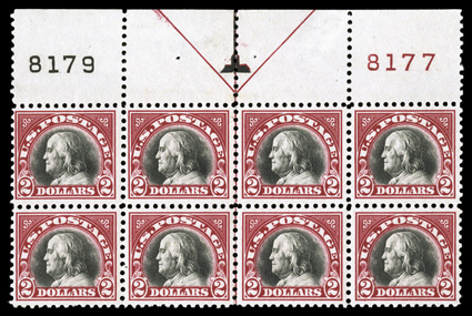 547, $2.00 Carmine and black, full top margin arrow and plate nos. 8179, 8177 block of eight, well centered, rich bright colors, o.g., never hinged, some perf. separations at
top, very fine a handsome example of this scarce plate block.