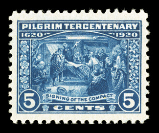 550, 5c Pilgrim Tercentenary, an eye-catching mint single, featuring lavishly large margins all around and being extraordinarily well centered within them, rich luxuriant color
and a crisp detailed impression on bright paper, o.g., never hinged,