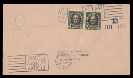 551, ½c Olive brown, horizontal pair on a most unusual first day cover that was supposed to be on 2c on 3c Entire (U460a), but the indicia was printed on the inside of the
envelope, while the surcharge is in the correct position, backflap w