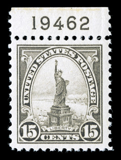 566, 15c Gray, handsome top margin plate no. 19462 single, exceedingly well centered within particularly lavish margins, uncommonly bright and fresh as well, pristine o.g.,
n.h., an extremely fine large-margined gem 2007 PSE certificate (XF-Sup
