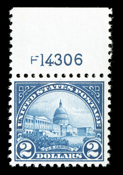 572, $2.00 Deep blue, top margin plate no. F14306 single, deep intense color and impression on immaculate white paper, well centered, o.g., n.h., choice very fine 2009 PSE
certificate.