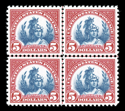 573, $5.00 Carmine and blue, an especially attractive center line block of four, marvelously well centered, radiant color on bright paper, unblemished o.g., never hinged,
extremely fine 2007 PSE certificate.