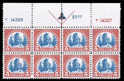 573, $5.00 Carmine and blue, a magnificent quality full top margin arrow and plate nos. F14326, F14327 block of eight, not only does it possess incredible centering throughout
the plate, but it also features an extraordinary brilliance few other