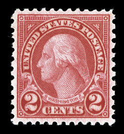 579, 2c Carmine coil waste, unusually well centered and margined for a coil waste stamp, deep intense color, o.g., never hinged, extremely fine 2007 PSE certificate (XF 90 SMQ
$310.00).