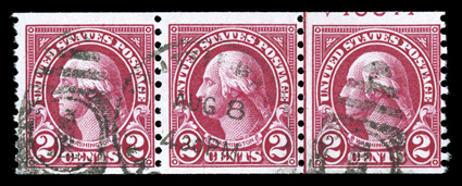 599b, 2c Carmine lake coil, guide line strip of three, with partial plate no. 18071 above the right stamp, brilliant color in the distinctive carmine lake shade, neat duplex
cancels, fine a fabulous showpiece for the coil specialist, combin
