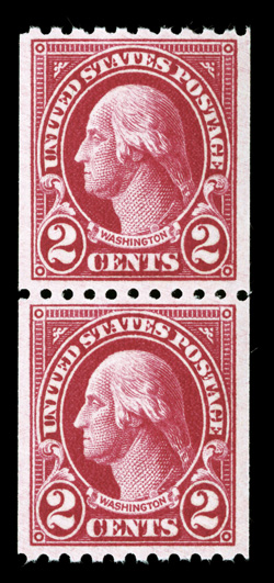 606a, 2c Carmine lake coil, mint pair, nicely centered and margined, intense color, o.g., n.h., very fine 2006 PSE certificate (VF 80 unpriced in SMQ).