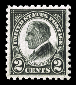 612, 2c Harding, absolutely perfect centering amid large margins, strong color and impression, o.g., never hinged, superb 2008 PSE certificate (Gem 100 SMQ $840.00 for 98, the
highest grade they price for this stamp) one of just four to rec