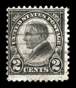 613, 2c Harding, rotary press printing, perf. 11, a collectable used example of this major 20th Century rarity, typical centering, strong impression, light machine cancel,
faint horizontal crease and a small tear at bottom, fine appearance th