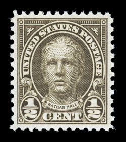 653, ½c Olive brown, absolutely perfect symmetrical margins all around, strong rich color, o.g., n.h., superb 2008 PSE certificate (Gem 100 SMQ $170.00 for 98, the highest
grade they price) this is the highest grade the PSE has given to thi