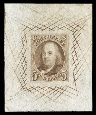 1P1a, 5c Red brown, large die proof on white bond, another large size example, measuring 42x52mm with nearly full cross-hatching, extremley fine.
