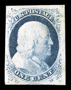 9, 1c Blue, Ty. IV, recut once at top, twice at bottom, three very large margins, a little close at left, strong color, full o.g., minor h.r., very fine.