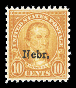 679, 10c Nebr. ovpt., especially intense color and impression, well centered, o.g., n.h., extremely fine 2008 PSE certificate (XF 90 SMQ $330.00).