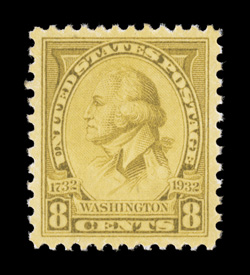713, 8c Washington Bicentennial, absolutely perfect centering all around, intensely rich color, o.g., n.h., superb 2008 PSE certificate (Gem 100 SMQ $670.00) one of only three
to grade Gem 100, the highest in the PSE population report.