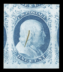 9, 1c Blue, Ty. IV, position 96L1, a visually striking used single, not only possessing a large bottom sheet margin, but also large equal portions of the adjoining stamps to
perfectly frame the design, rich luxuriant color and a well incised i