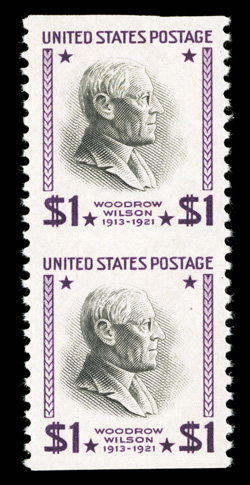 832a, $1.00 Purple and black, vertical pair, imperforate horizontally, highly desirable example of this rare Prexie error, incredibly well centered, strong fresh colors, o.g.,
lightly hinged, light pencil nos. 63 and 73 on reverse, typical small