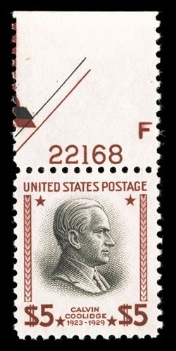 834a, $5.00 Red brown and black error of color, an especially eye-appealing and choice top sheet-margin plate no. 22168 single of this distinctive and rare error, wonderfully
well centered within large margins, strong luxuriant colors, o.g., n.h