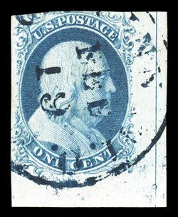 9, 1c Blue, Ty. IV, a spectacular used bottom right corner sheet-margin single being from position 100L1L, showing full centerline in enormous sheet margin at right, margin at
left quite large, while just touching design at top, central stri
