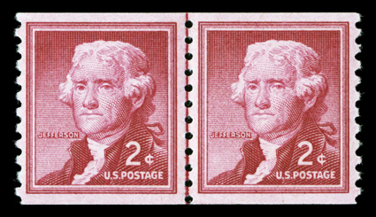 1055d, 2c Carmine rose, small holes, wet printing, joint line pair, well centered and with strong color, o.g., n.h., very fine a rare variety as in general the wet printings
were done early but the small hole perforations were done later allowi