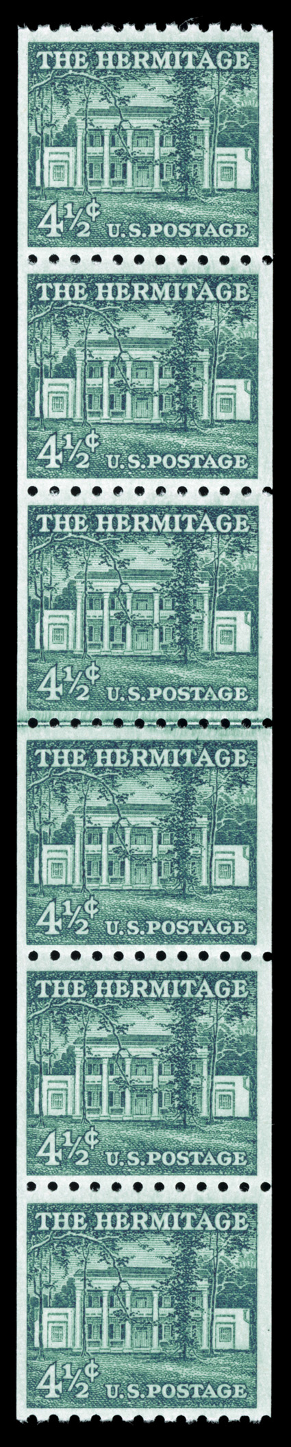 1059, 4½c Blue green, small holes, joint line strip of six, well centered, o.g., n.h., very fine-extremely fine.