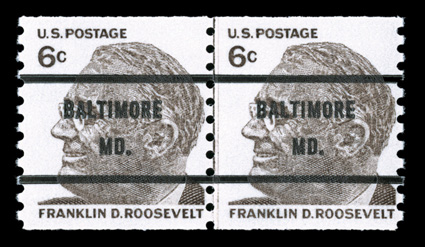 1305b, 6c Gray brown coil, untagged, joint line pair with Bureau pre-cancel as issued, bright and fresh, o.g., n.h., very fine a particularly elusive modern coil line
pair.