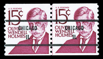 1305Ef, 15c Magenta coil, untagged, joint line pair with Bureau pre-cancel as issued, exceedingly fresh, o.g., n.h., very fine one of the key rarities of the modern
coils.