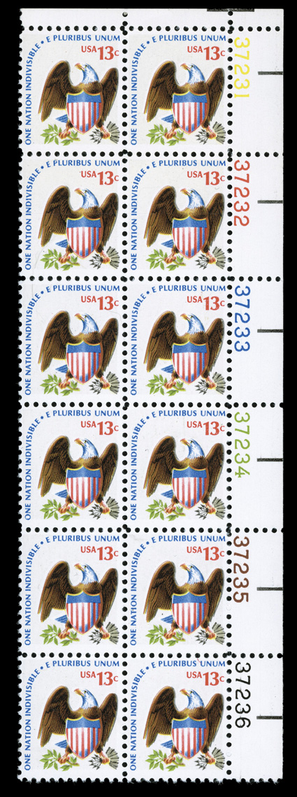 1596d, 13c Eagle and shield, line perforated, top right margin plate no. 37231-36 block of twelve, fresh, o.g., n.h., very fine.
