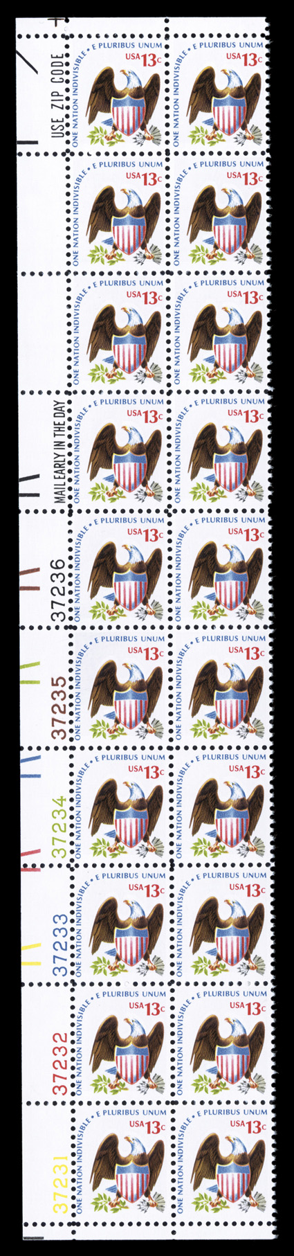 1596d, 13c Eagle and shield, line perforated, left margin plate no. 37231-36 block of twenty, also with the Zip and Mail Early slogans, o.g., n.h., very
fine.