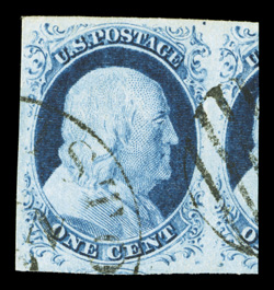 9, 1c Blue, Ty. IV, an exceedingly handsome used example, featuring extravagantly large margins all around, including an impressive 4mm portion of the adjoining stamp at right,
absolutely gorgeous intense color and impression, very neat and ligh