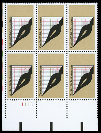 2361a, 22c CPA, black omitted, bottom left margin plate no. 1111 block of six, quite fresh, o.g., n.h., very fine cataloged simply as six singles.