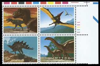 2425b, 25c Dinosaur se-tenant block of four, engraved black omitted, top right margin plate no. 11111 block of four, well centered and exceptionally fresh, o.g., n.h., very
fine not priced as a plate block, cataloged as a normal block.