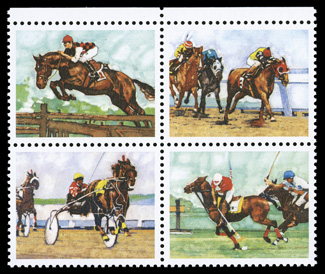 2759b, 29c Sports Horses se-tenant block of four, engraved black omitted, top margin block, bright and fresh, o.g., n.h., very fine.