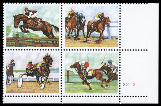 2759b, 29c Sports Horses se-tenant block of four, engraved black omitted, bottom right margin plate no. 2222 block of four, brilliantly fresh, o.g., n.h., very fine not priced
as a plate block, cataloged as a normal block.