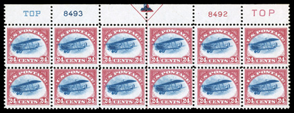 C3, 24c Carmine rose and blue, top margin arrow, two TOP and plate nos. 8493, 8492 block of twelve, bright colors, o.g., never hinged, gum creases, bends and skips, fine-very
fine.