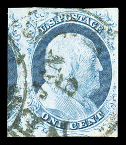 9, 1c Blue, Ty. IV, position 30R1L, large to huge margins around including portions of the adjoining stamps at left and bottom, lovely fresh color, New York c.d.s. cancel,
extremely fine.