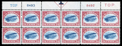 C3, 24c Carmine rose and blue, top margin arrow, two TOP and plate nos. 8493, 8492 block of twelve, strong colors, o.g., never hinged, a few minor gum skips and a couple tiny
natural wrinkles in the selvage, fine-very fine.