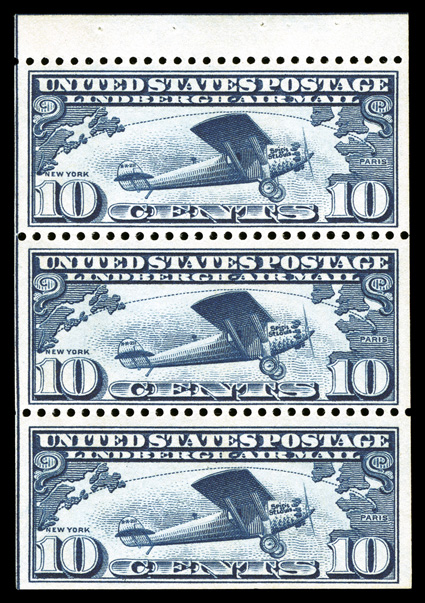 C10a, 10c Lindbergh booklet pane of three, position O, showing guide line at left and at top, well centered and fresh, o.g., never hinged (minor gum bend and tiny skips), very
fine position O is one of the most elusive and desirable pos