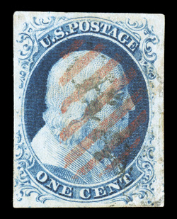 9, 1c Blue, Ty. IV, four large margins, strong color and impression, bright red grid cancel as well as a light black pmk., extremely fine 2000 PF certificate.