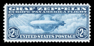 C13-15, 65c-$2.60 Graf Zeppelins cplt., 65c is a left sheet-margin example, bright colors, o.g., never hinged, fine each accompanied by a 2008 PSE
certificate.