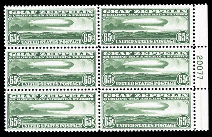 C13, 65c Graf Zeppelin, right margin plate no. 20077 block of six, strong bright color, well centered, o.g., never hinged, trivial gum skip in bottom left stamp, very
fine.