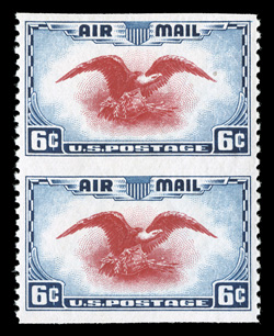 C23a, 6c Dark blue and carmine, imperforate horizontally, vertical pair, unusually well centered and margined, wonderfully bright and fresh, o.g., never hinged, extremely fine
while this error would not be classified as rare, it is quite challe