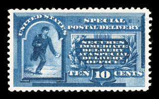E1, 10c Blue, outstanding centering within large margins, brilliant color and a well defined impression, o.g., lightly hinged, extremely fine 1980 and 2005 PF certificates, as
well as a 2005 PSE certificate (XF-Superb 95 OGph SMQ $1,400.00).
