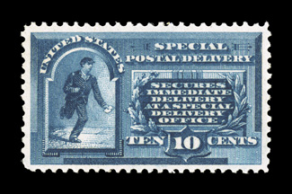 E1, 10c Blue, excellent centering within large margins, deeply rich color, o.g., never hinged, faint fingerprint on gum, extremely fine clear 1998 PF certificate and a 2009 PSE
certificate.