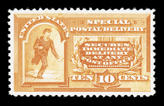 E3, 10c Orange, wonderfully well centered and margined, strong color, o.g., lightly hinged, extremely fine and choice 2008 PSE certificate (XF-Superb 95 OGph SMQ
$630.00).