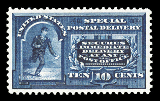 E5, 10c Blue, gem mint single, wonderfully well centered within large margins, deep prooflike color and impression on fresh white paper, pristine o.g., never hinged, extremely
fine and choice photocopy of a 1996 PF certificate for a block of fo