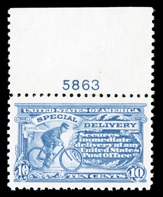 E9, 10c Ultramarine, handsome top margin plate no. 5863 single, exceedingly well centered within lavishly large margins, quite fresh, o.g., never hinged, extremely fine 2007 PF
certificate (XF 90 Jumbo).