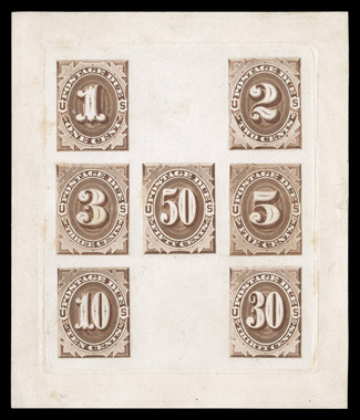 J1P-7P, 1c-50c Brown postage dues, the so-called H proof, consisting of the seven values in plate proofs, arranged in the letter H on and die sunk on 92x109mm card, proofs with
fresh color, card with a few light toned specks and small thin o