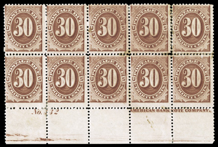 J6, 30c Brown, full bottom margin imprint and plate No. 332 block of ten, strong color, o.g., top right stamp with mostly rejoined perfs. resulting in some staining, bottom
right stamp with small surface scuff, fine appearance a very rare pos