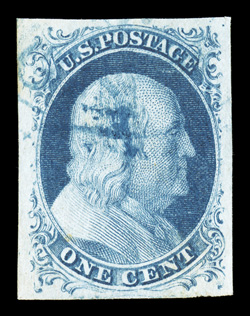 9, 1c Blue, Ty. IV, a handsome used example, with four exceptionally large and perfectly balanced margins, deep luxuriant color and razor-sharp impression on bright white paper,
light blue cancel, extremely fine and choice 1996 PF certificate.
