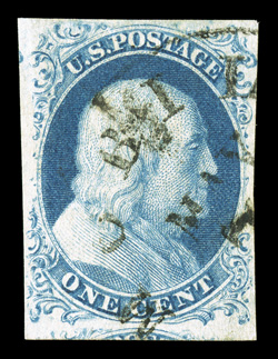9, 1c Blue, Ty. IV, position 28R1L, four large margins, wonderfully bright color and a clean impression on fresh white paper, light c.d.s. cancel, extremely fine 1986 PF
certificate.
