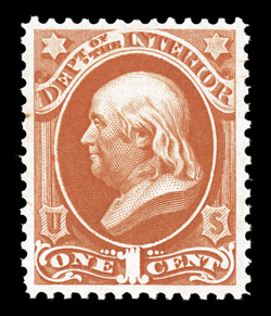 O15, 1c Interior, pristine mint single, deep vibrant color and a particularly sharp detailed impression on bright paper, exceedingly well centered and margined, fresh clean
o.g., never hinged, extremely fine a post office fresh gem 2004 PF c